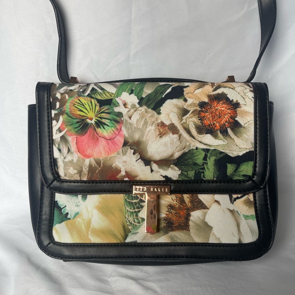 Ted Baker Floral Shoulder Bag Black Multi Adjustable Strap Designer Evening